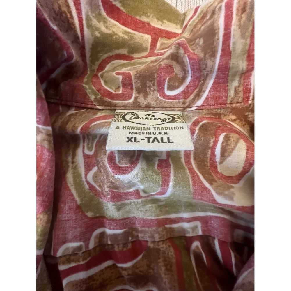 Go Barefoot Hawaiian Tradition Full Button Up Shirt XL Tall Red With Tan & Green - Picture 2 of 6